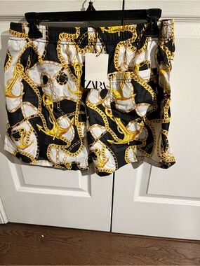 Zara Black, White & Gold Chain-Anchor Print Men’s Swim Trunks